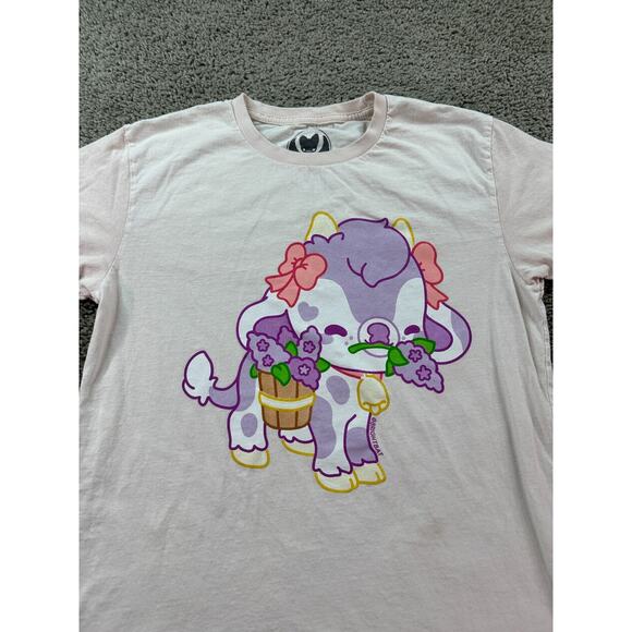 Bright Bat Shirt Womens Medium Beige Purple Puppy Flowers Short Sleeve READ - Picture 3 of 12